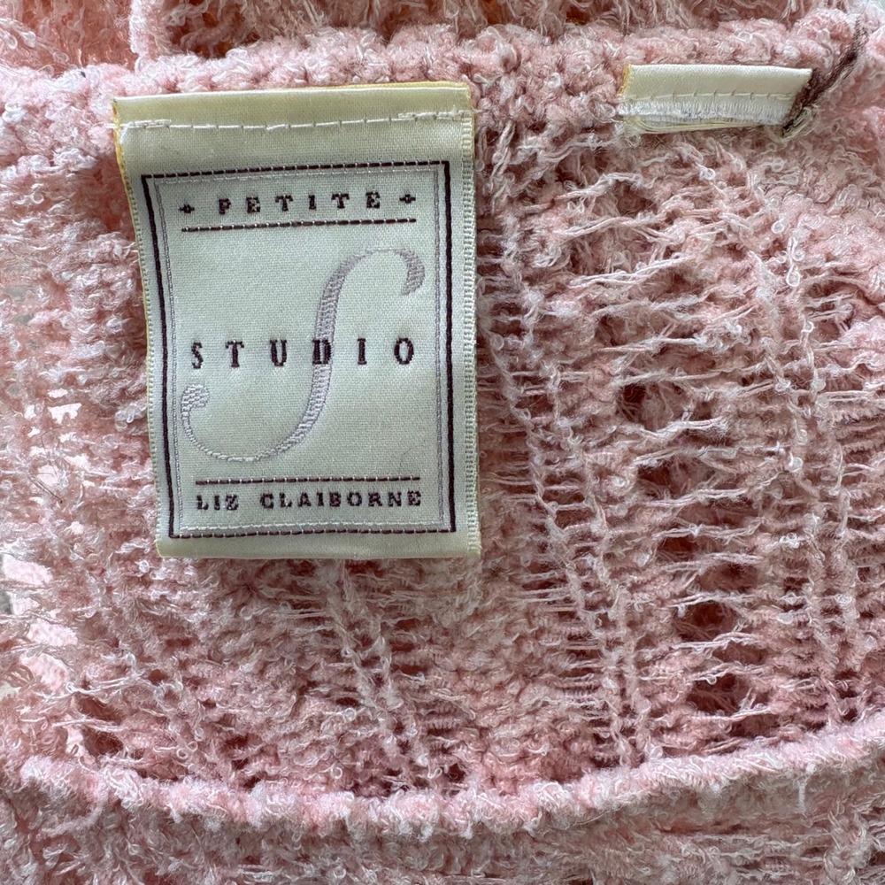 Liz Claiborne Petite Studio Sweater S Pink Cable Knit Pointelle Coastal Coquette - Picture 6 of 8